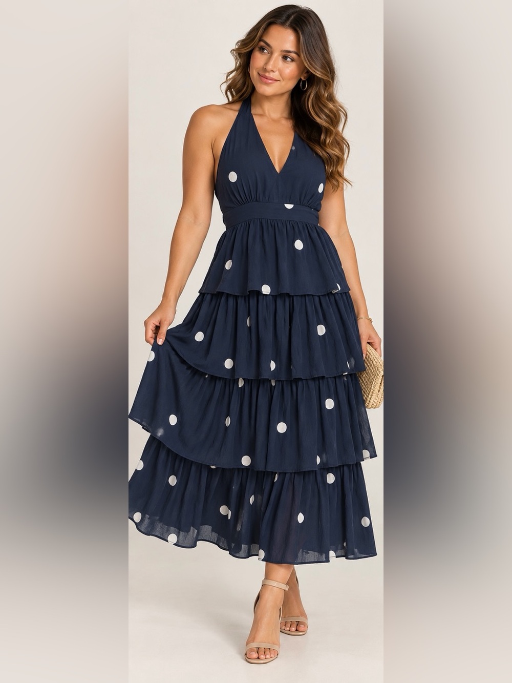 Navy Polka Dot Tiered Halter Dress